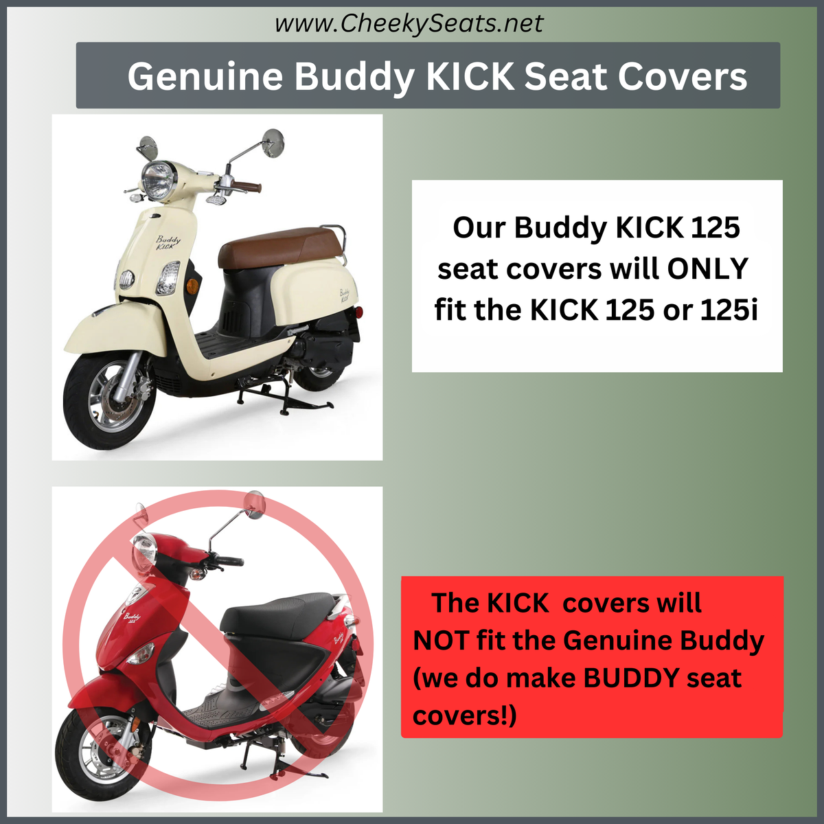 Genuine Buddy Kick 125 and regular Genuine Buddy seat comparison showing the fit difference, from Cheeky Seats