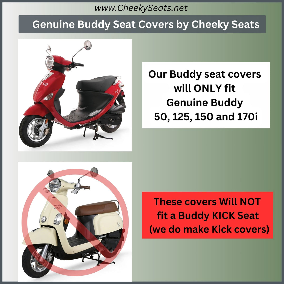 Cheeky Seats Genuine Buddy fit chart for 50, 125, 150 and 170i models, excluding the Buddy Kick
