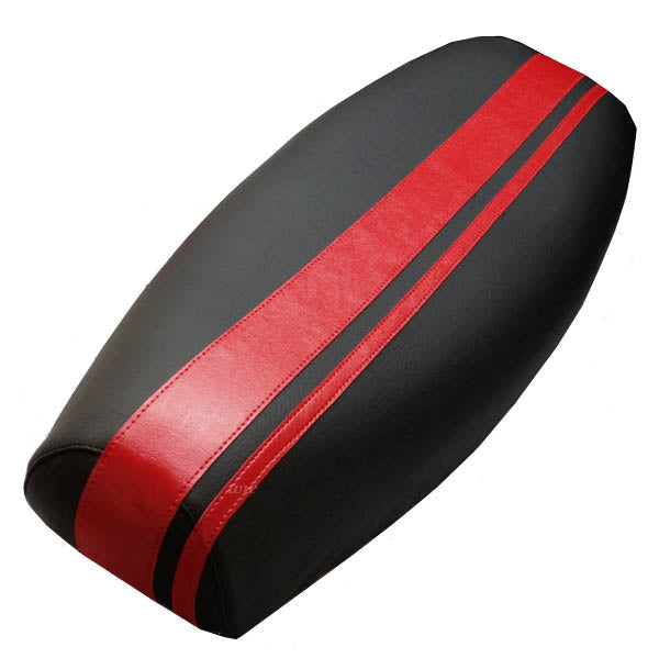 Matte black Genuine Stella seat cover with hand-sewn dual red racing stripes, handmade by Cheeky Seats