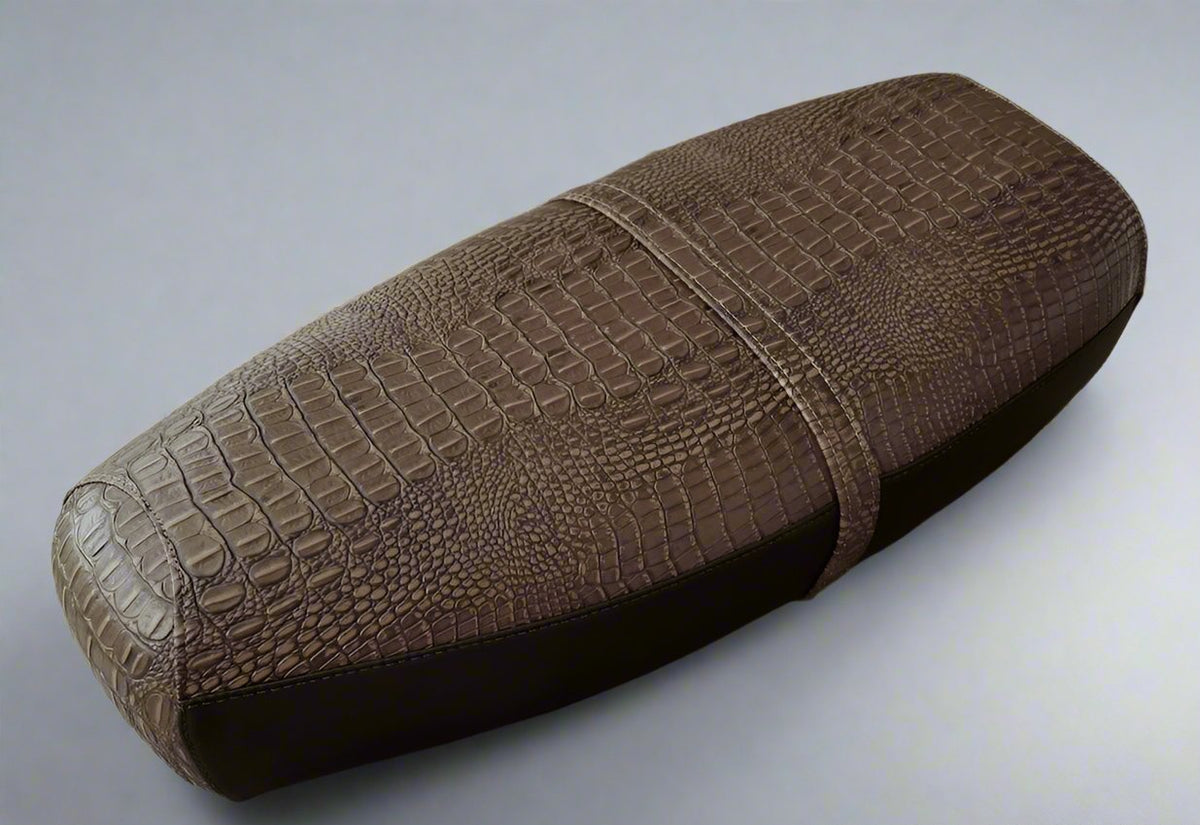 Café-brown crocodile-pattern Genuine Stella cover with matte black sides, handmade by Cheeky Seats