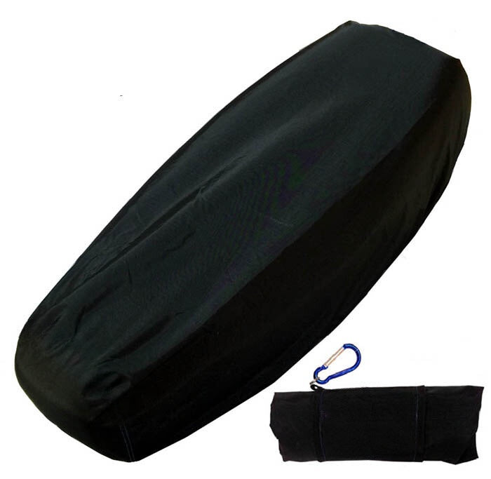 Black waterproof Genuine Buddy Kick 125 rain and dust seat cover with storage wrap and blue carabiner, handmade by Cheeky Seats