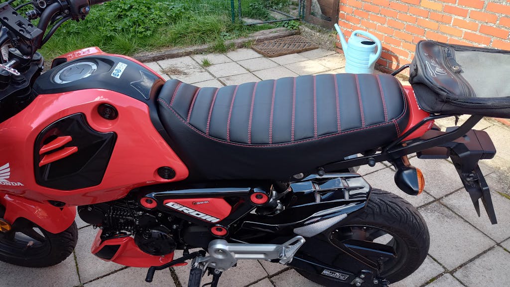 Ready to Ship! 2022-26 Honda Grom Tuck and Roll Seat Cover, handmade Honda Grom seat cover by Cheeky Seats, product detail view 4