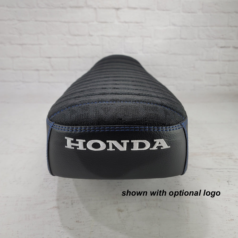 Rear view of a black RECARO Honda DAX 125 cover with blue stitching and optional white Honda embroidery, handmade by Cheeky Seats