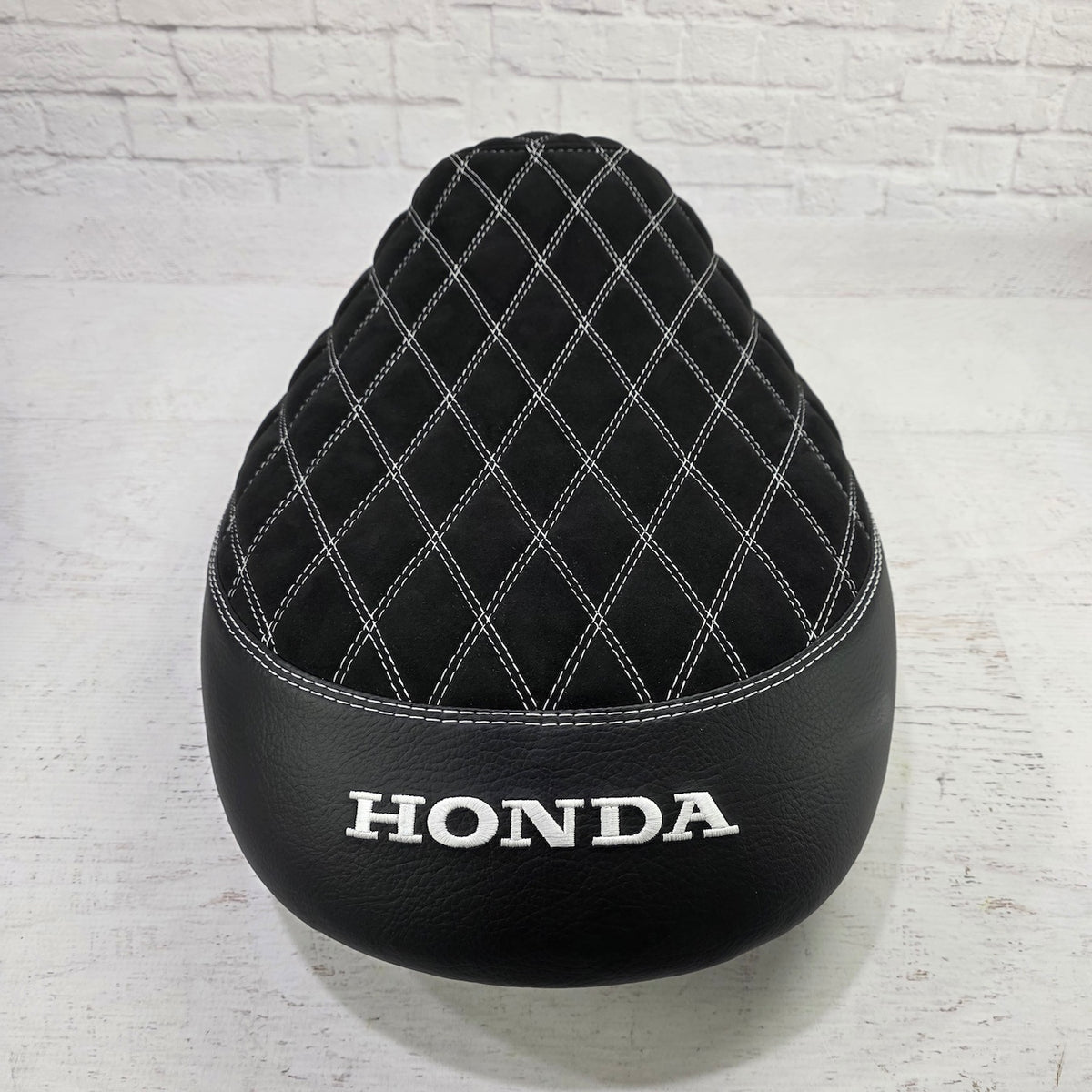 Honda Metropolitan Alcantara® Suede Diamond Seat Cover, handmade Honda Metropolitan seat cover by Cheeky Seats, product detail view 3