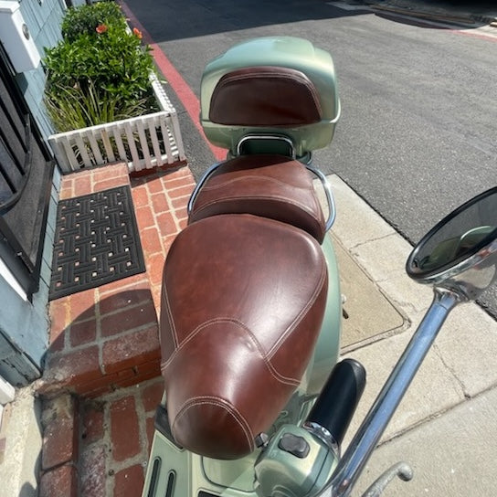 Vespa LXV Distressed Whiskey Brown Seat Cover Handmade French Seams
