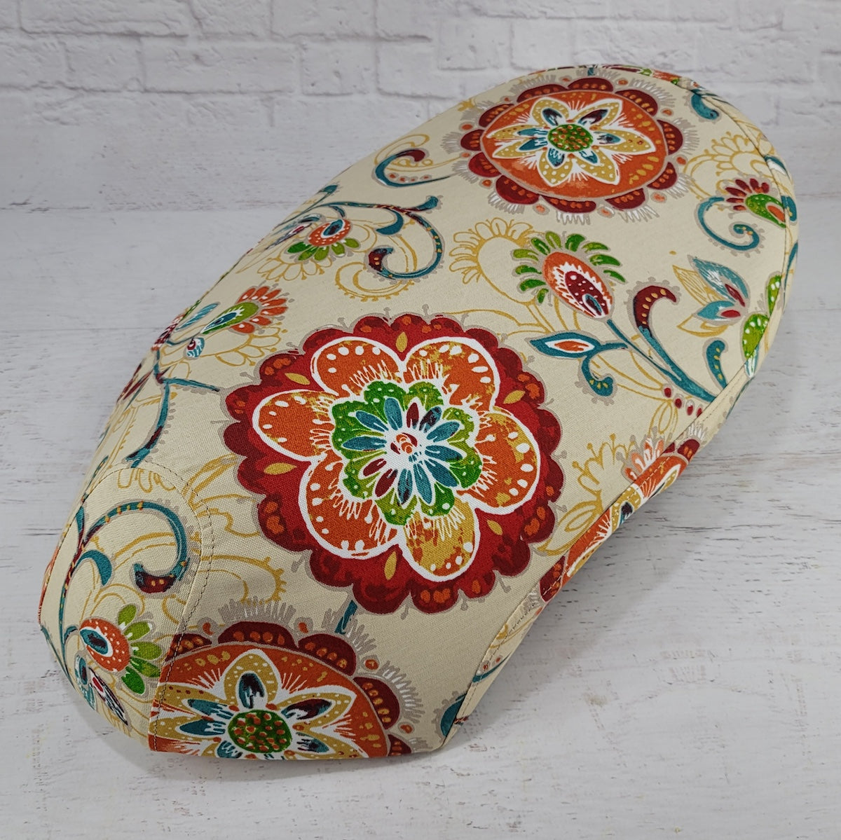 Ecru canvas Lance Cali Classic and Havana Classic seat cover with orange, red, teal and green floral medallions, handmade by Cheeky Seats