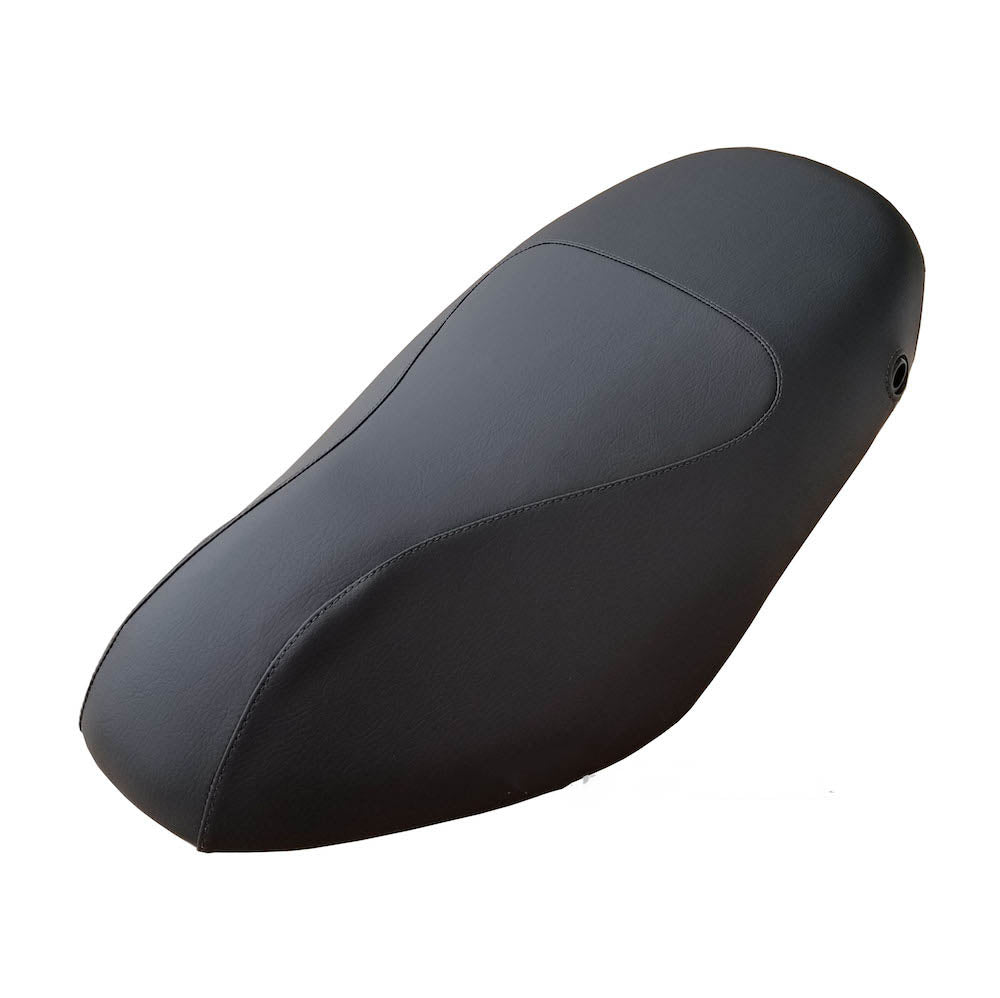 Matte black contoured Piaggio Fly 50–150 seat cover with subtle black stitching and lock opening, handmade by Cheeky Seats