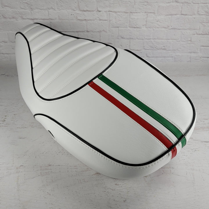 Vespa Sprint / Primavera WHITE Seat Cover Tuck and Roll with Italian Racing Stripe