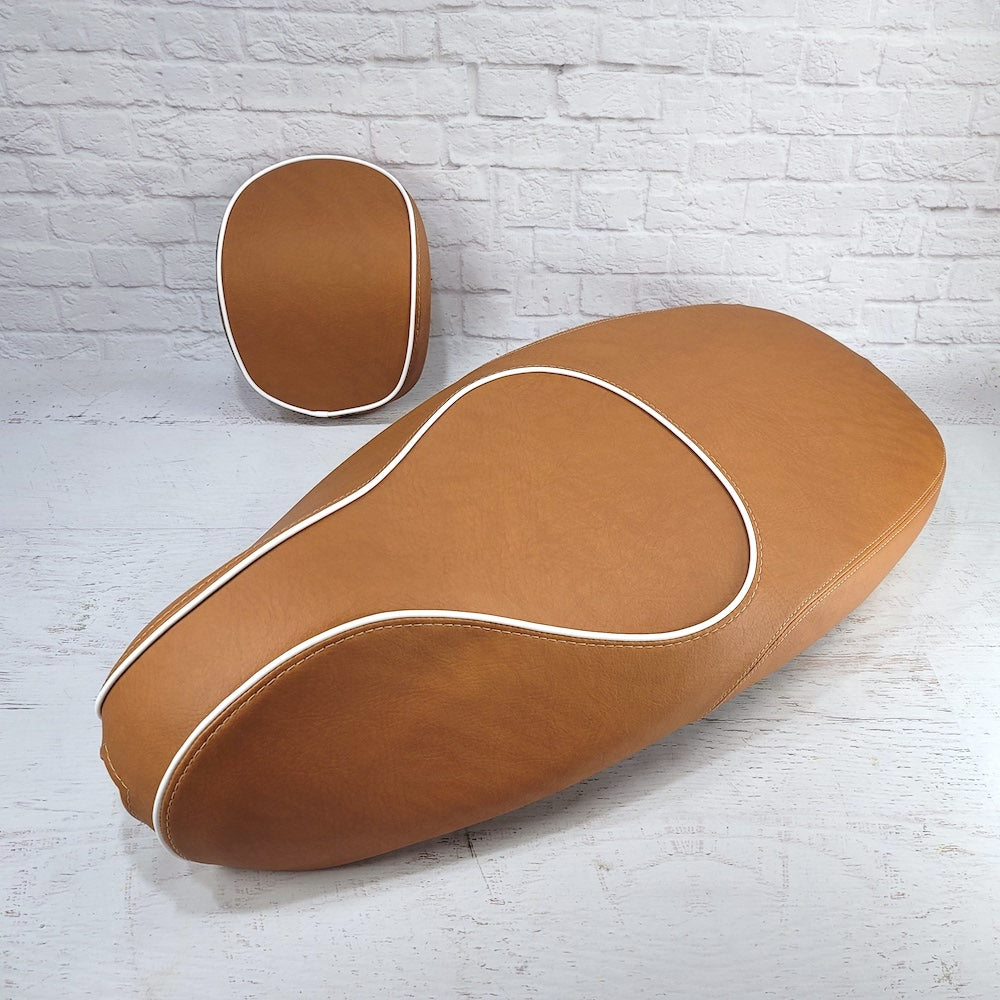 Vespa Sprint Primavera Seat Cover Golden Matte Saddle Tan French Seams by Cheeky Seats