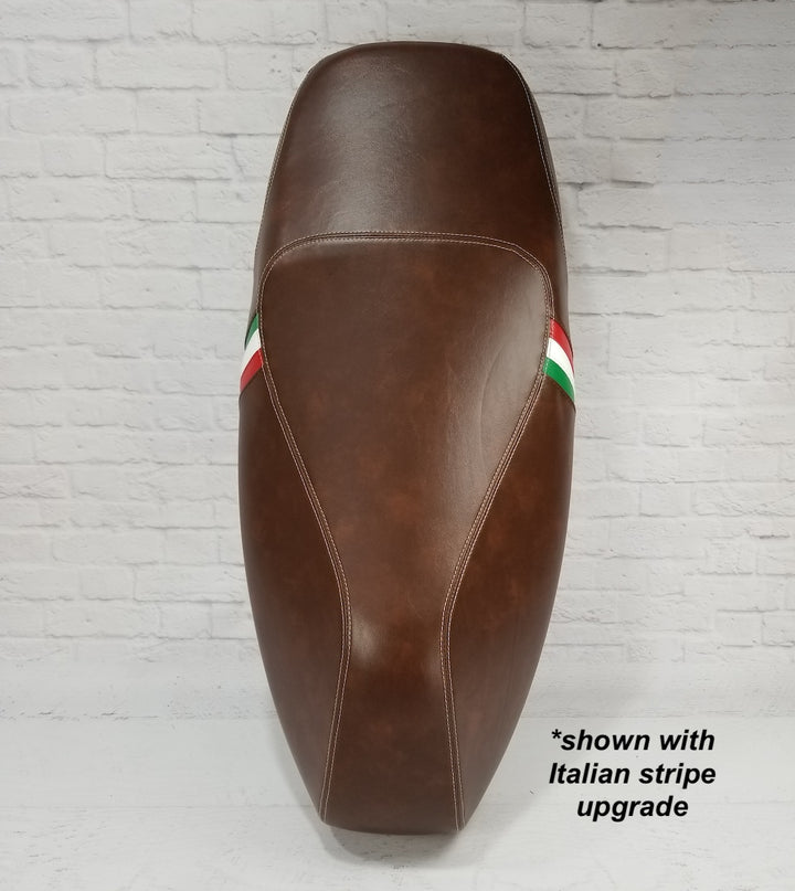 Vespa GTS 250 300 Seat Cover Whiskey Brown, Italian Stripe option