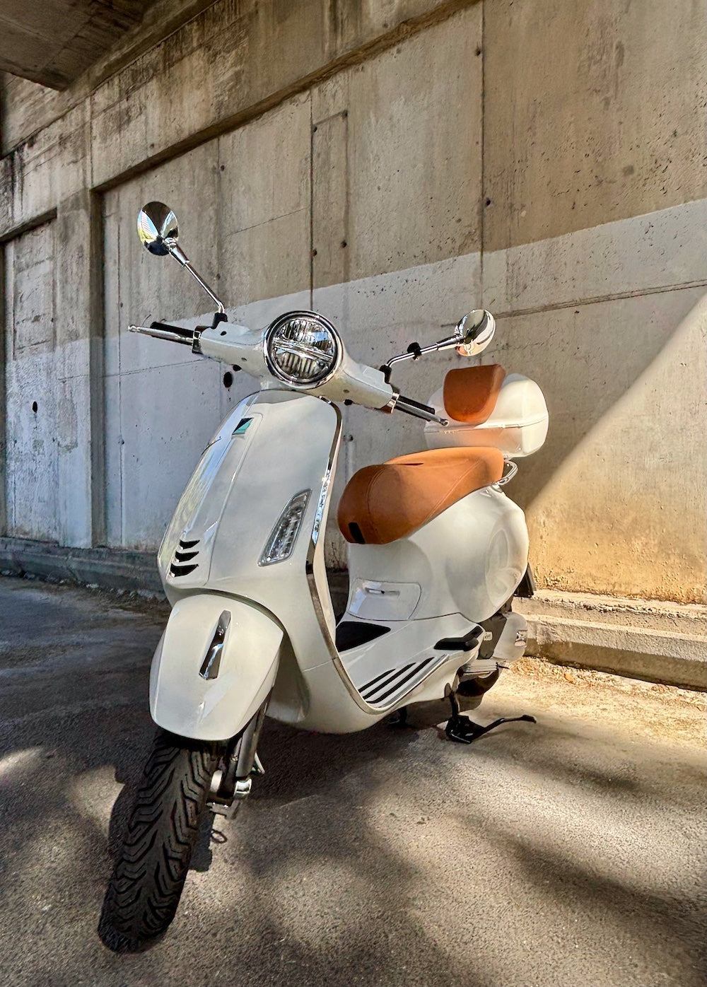 Vespa Sprint Primavera Seat Cover Golden Matte Saddle Tan French Seams by Cheeky Seats