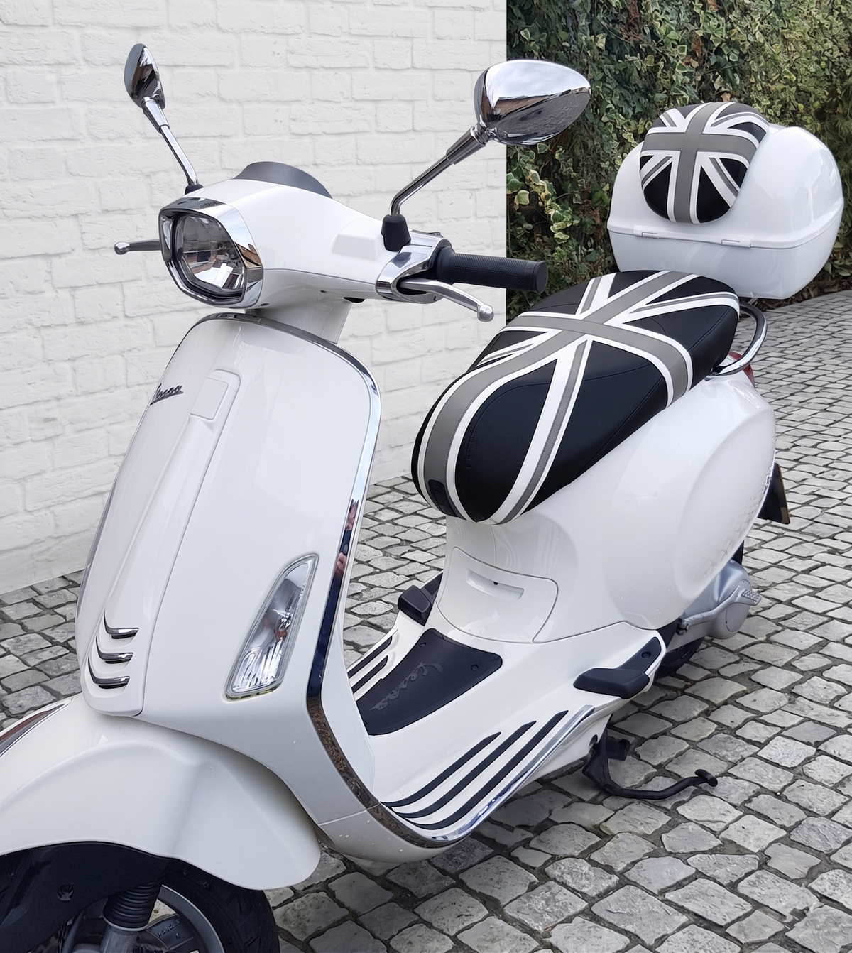 Vespa Sprint / Primavera Black and Gray Union Jack Seat Cover by Cheeky Seats