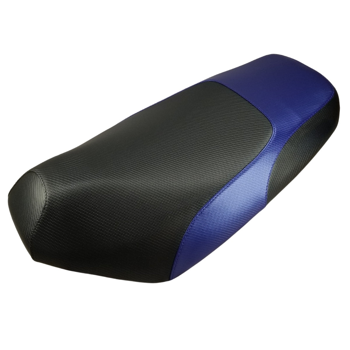 Black and Blue Yamaha Zuma 50 seat cover with textured waterproof panels and a bold blue rear accent, handmade by Cheeky Seats.