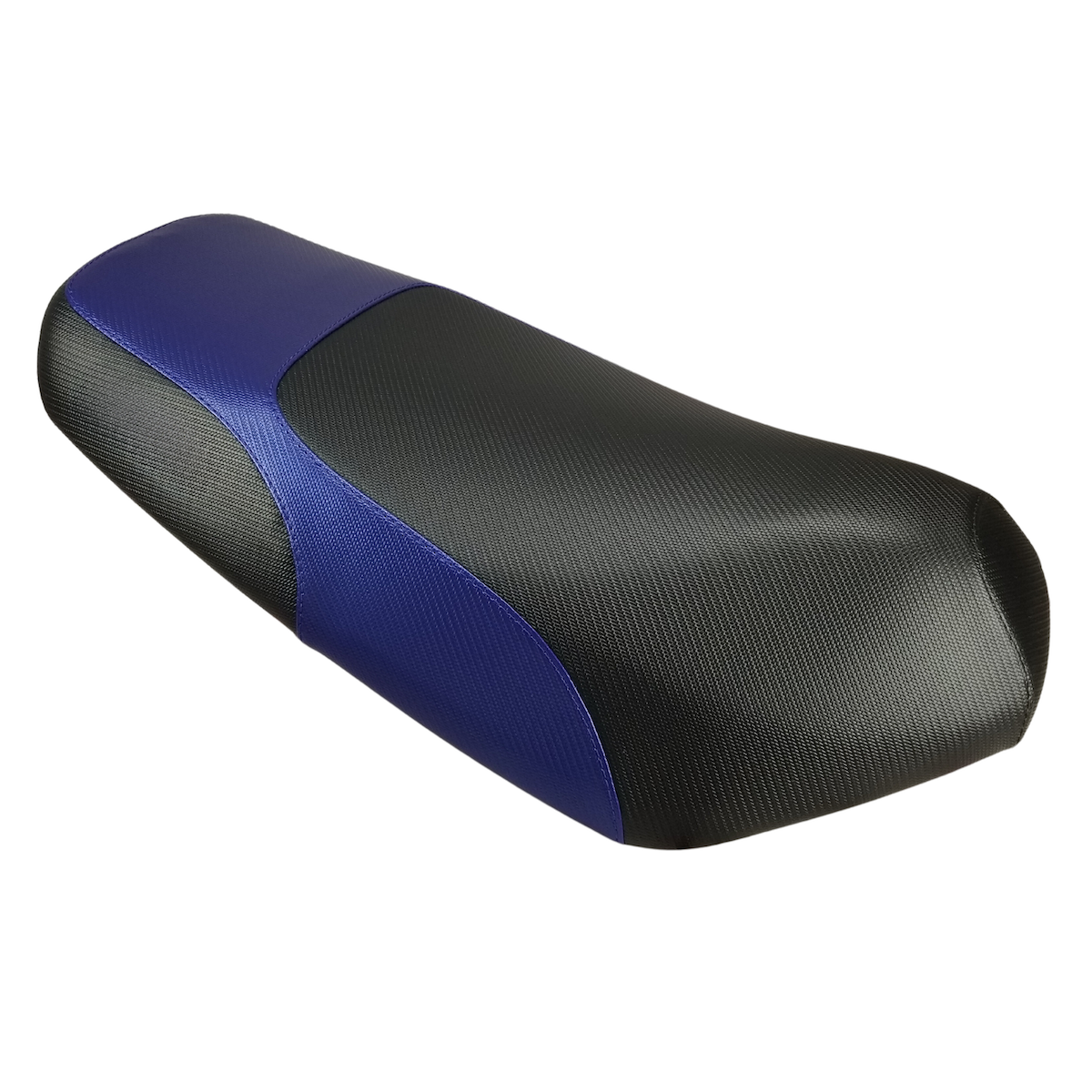 Reverse angle of the Black and Blue Yamaha Zuma 50 seat cover showing its smooth tailored shape and two-tone panels, handmade by Cheeky Seats.