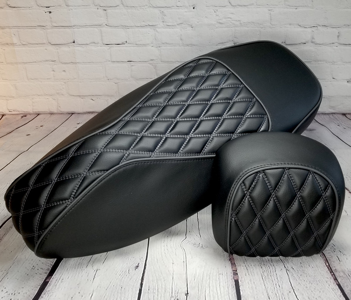 Vespa GTS black diamond seat cover with gray stitching