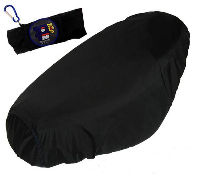 Black Cheeky Seats rain cover stretched over a Genuine Buddy seat beside its rolled storage pouch
