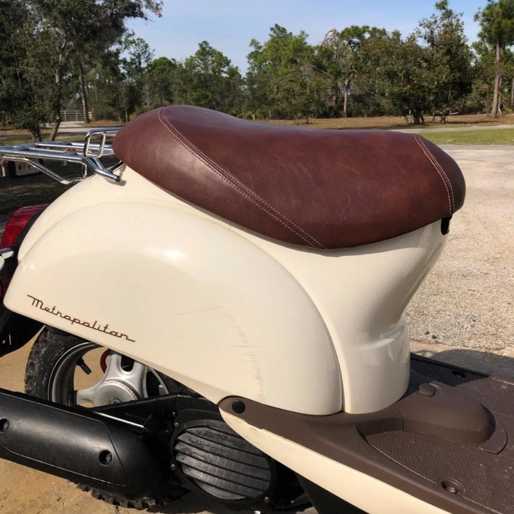 READY TO SHIP! Honda Metropolitan Whiskey Brown Seat Cover, handmade Honda Metropolitan seat cover by Cheeky Seats, featured product view