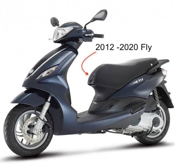 Dark blue 2012–2020 Piaggio Fly shown as the seat-shape reference for the Union Jack cover by Cheeky Seats