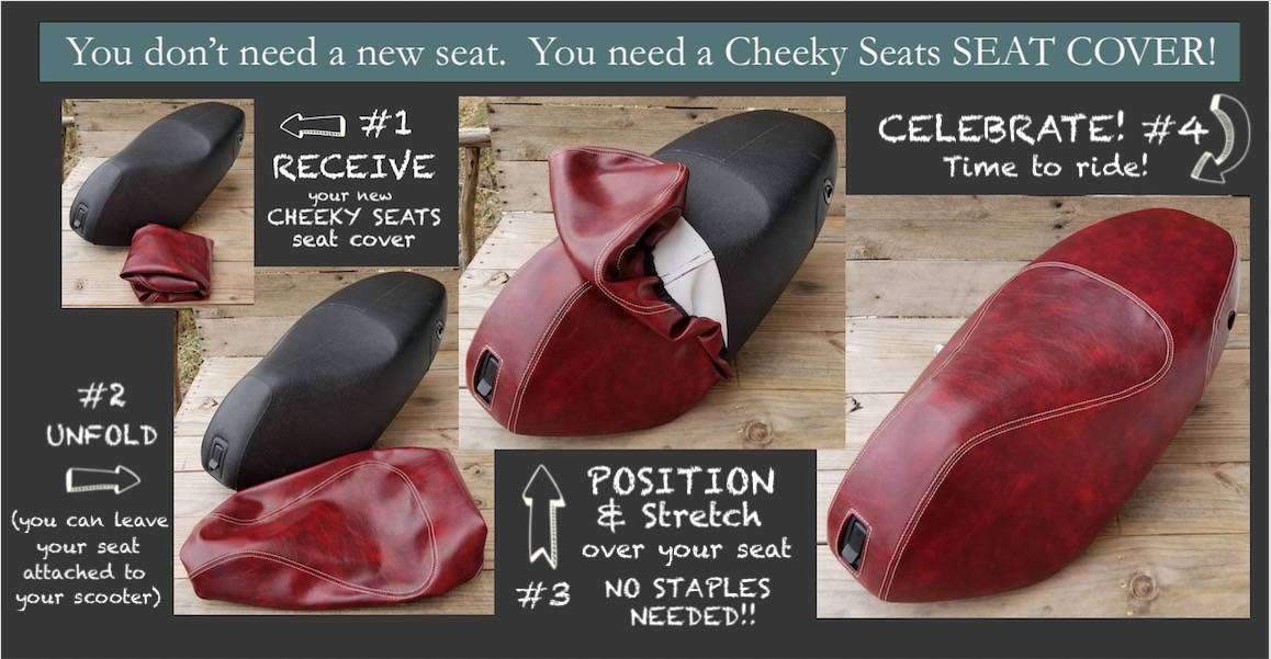 Staple-free installation guide for a black and white Union Jack Piaggio Fly seat cover by Cheeky Seats