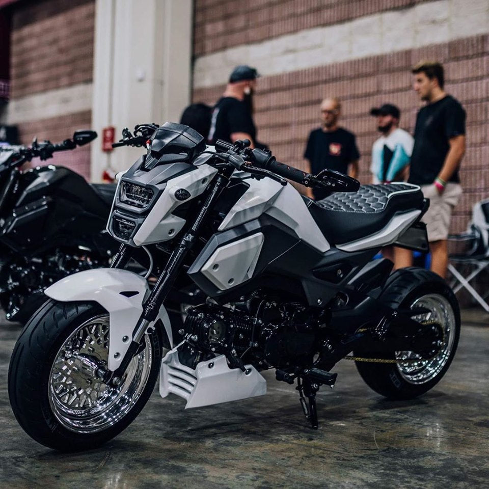 Custom Honda Grom with hexagon Seat Cover in a custom show setting