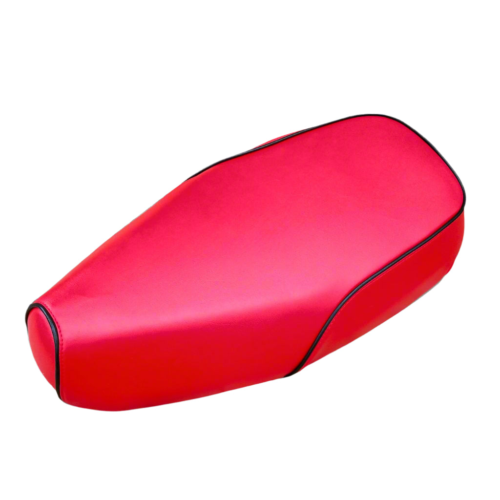Bright red Genuine Buddy Kick 125 seat cover with black piping, handmade by Cheeky Seats