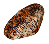 Orange-and-black tiger faux-fur Cheeky Seats cover shaped for a Genuine Buddy seat