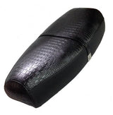 Black Genuine Stella seat cover with a crocodile-pattern top and matching strap, handmade by Cheeky Seats