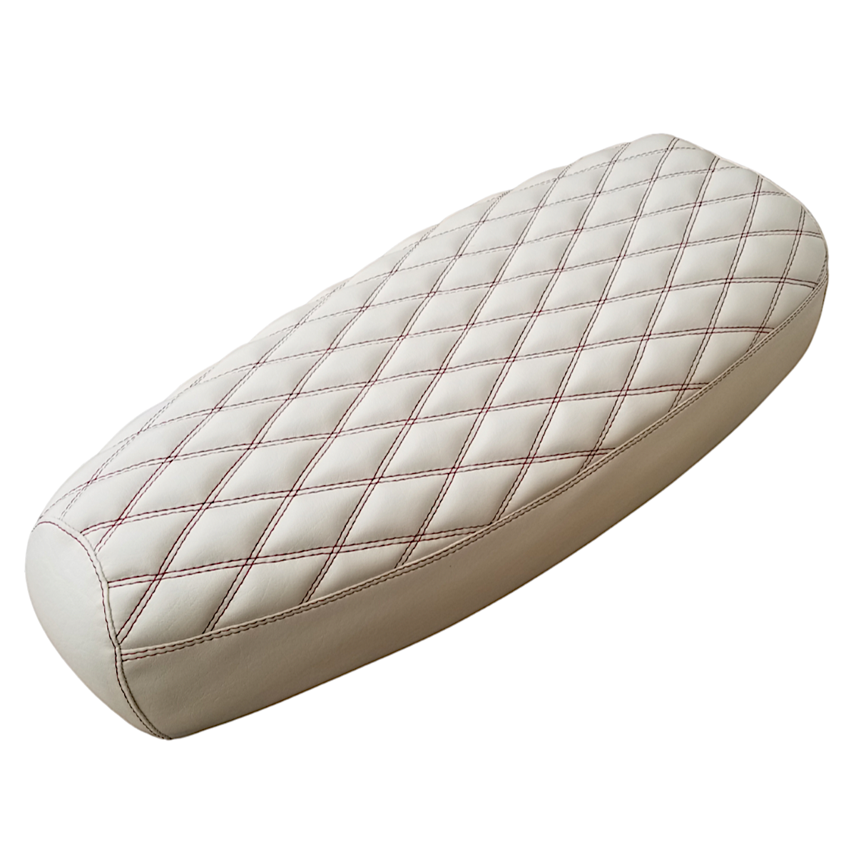 Cottage-white Genuine Stella seat cover with burgundy diamond stitching, handmade by Cheeky Seats