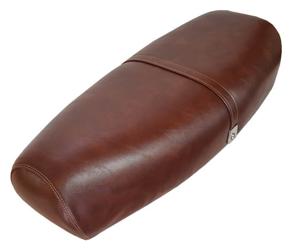 Whiskey-brown Genuine Stella seat cover with tonal stitching and matching strap, handmade by Cheeky Seats