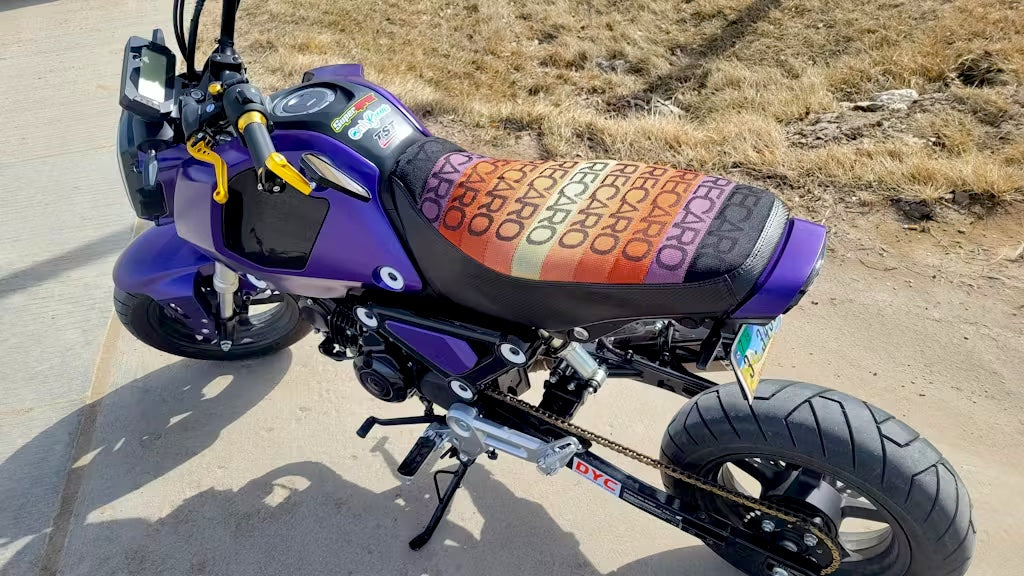 Honda Grom Sunrise RECARO Seat Cover, handmade Honda Grom seat cover by Cheeky Seats, product detail view 2