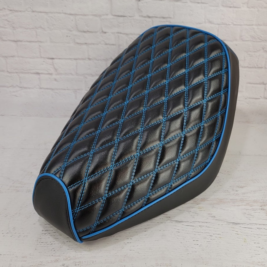 Honda Elite SA50 Double Diamond Seat Cover, with blue stitching and piping, handmade Honda Elite SA50 seat cover by Cheeky Seats