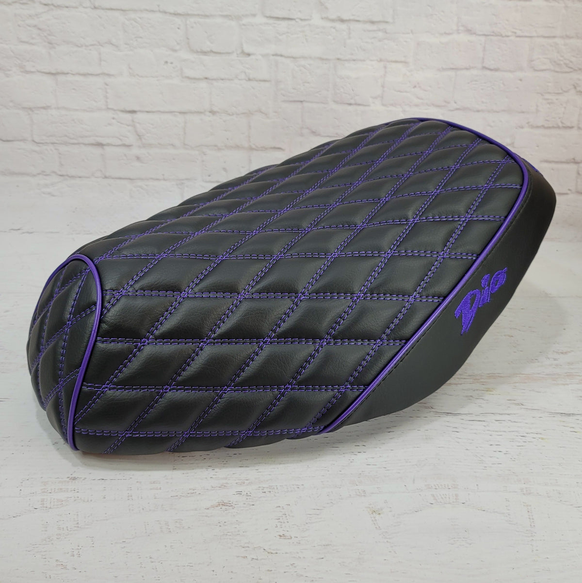 Honda Dio 1 & 2 Diamond Seat Cover with purple stitching, Piping, and embroidered Dio logos,  handmade by Cheeky Seats