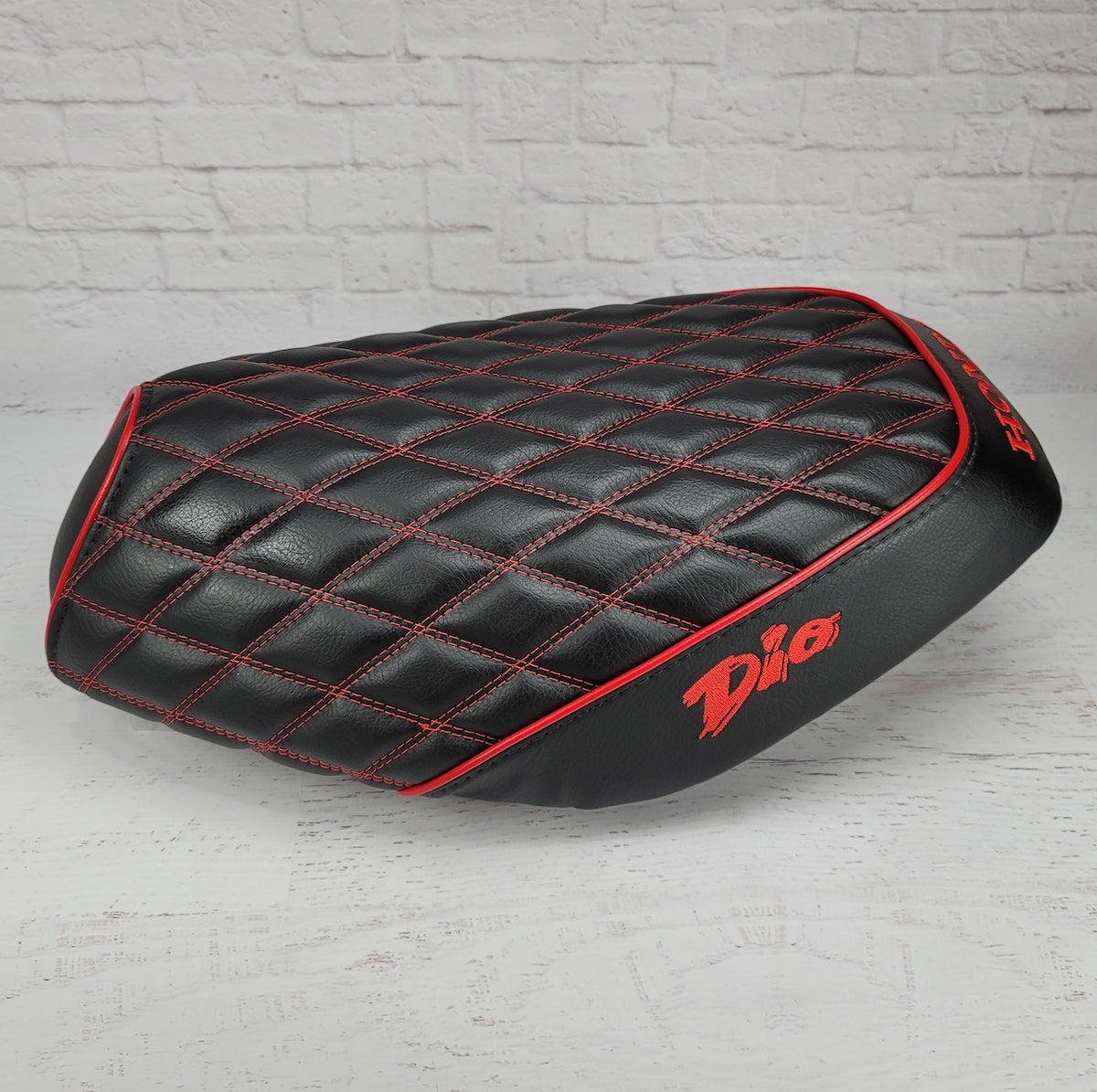 Honda Dio 1 & 2 Diamond Seat Cover with Piping, handmade Honda Dio seat cover by Cheeky Seats, product detail view 3