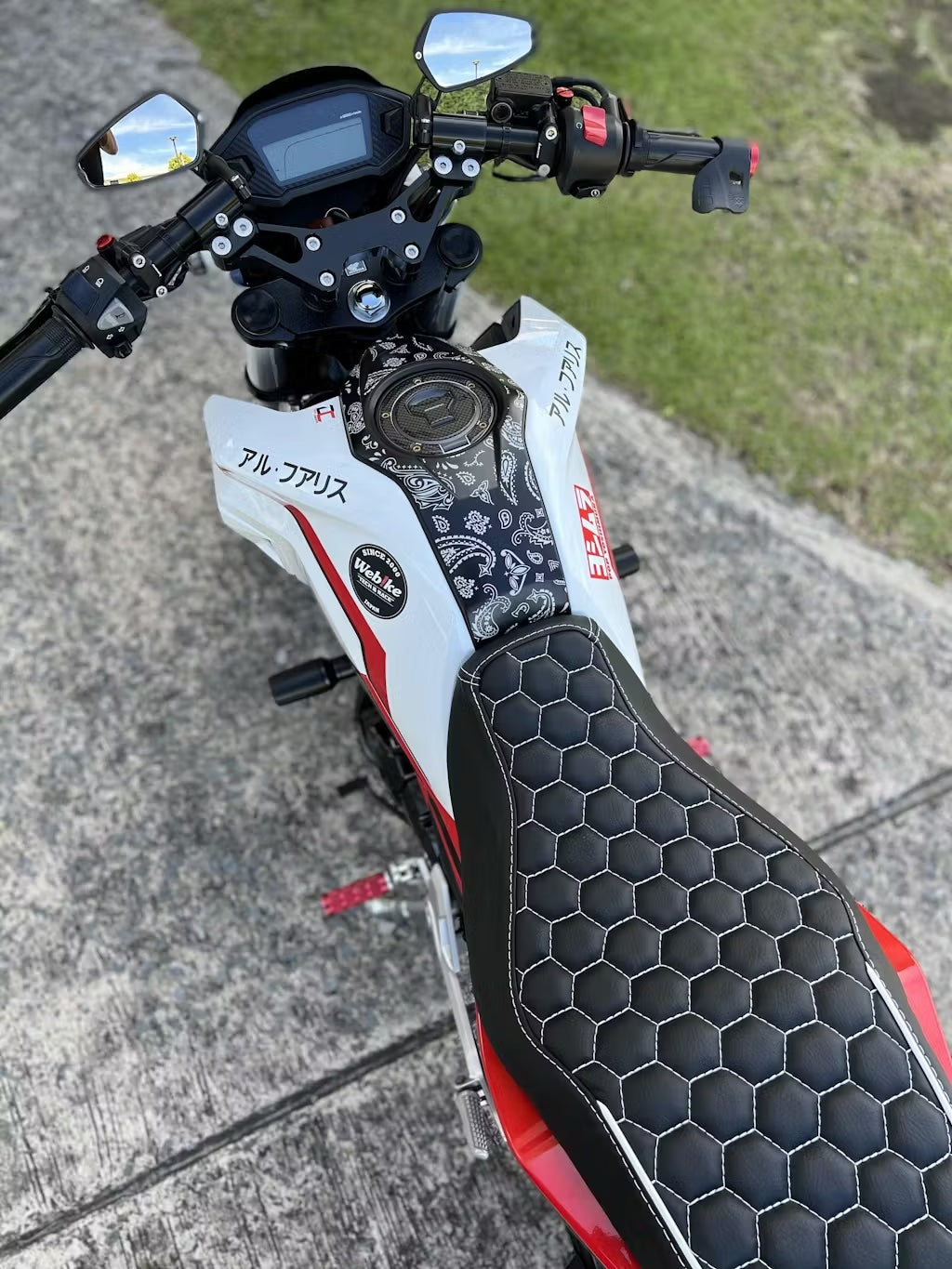 Honda Grom Hexagon Honeycomb Seat Cover, handmade Honda Grom seat cover by Cheeky Seats, product detail view 5