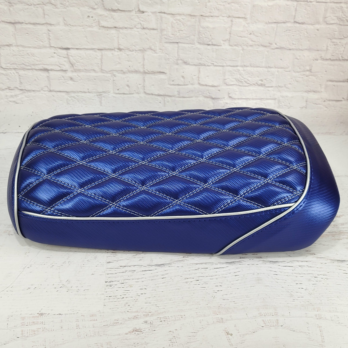 Maddog Gen 4 and 5 Royal Blue Carbon Fiber Side cover with silver stitching and piping, handmade by Cheeky Seats