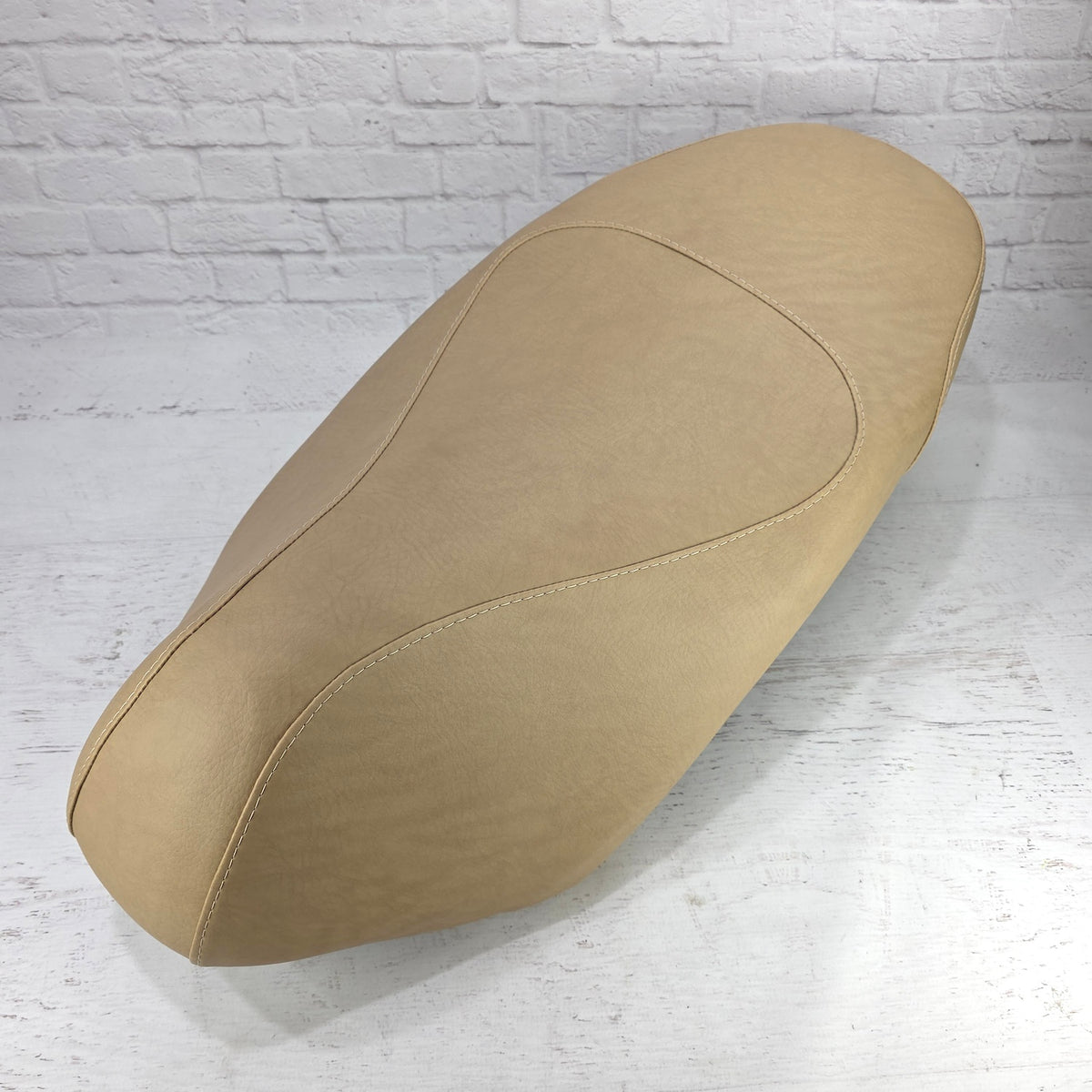 Front view - Piaggio Liberty Matte Camel seat cover with matching stitching, handmade by Cheeky Seats