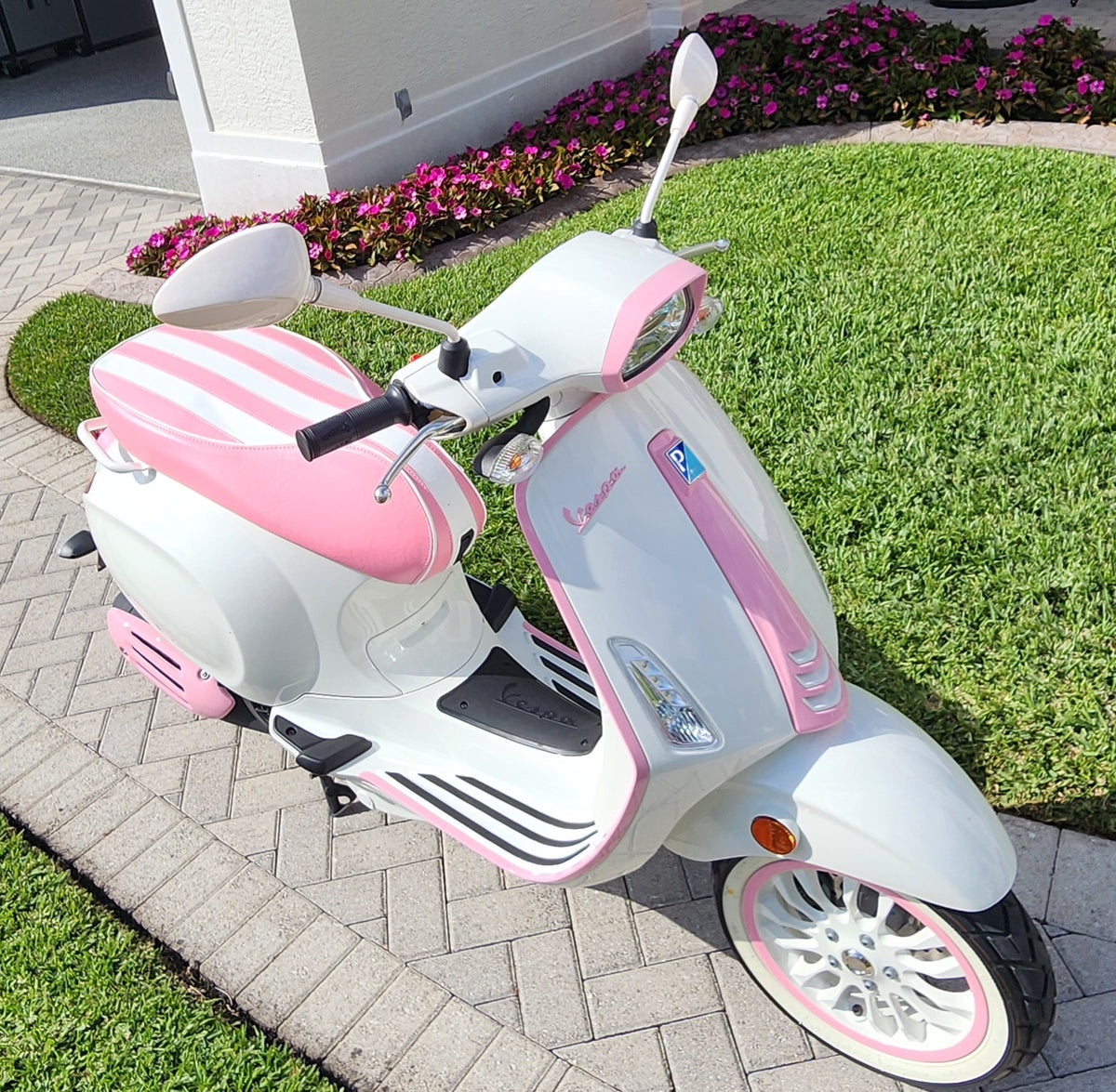 Vespa Sprint / Primavera Pink and White Stripes Seat Cover by Cheeky Seats