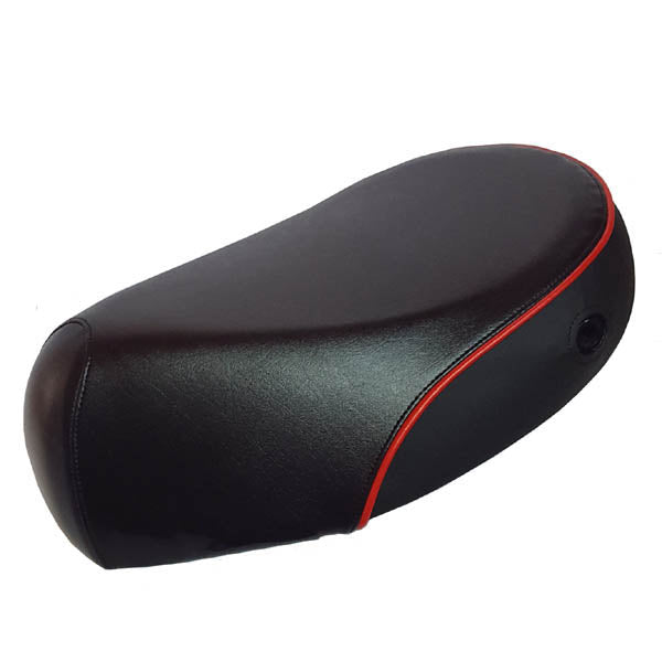 Black Kymco People 50 seat cover with a red piping accent running along the seam, three-quarter view with the lock opening visible, handmade by Cheeky Seats