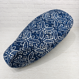 Indigo Boho stay-cool scooter seat cover with a relaxed geometric batik pattern for Vespa and other models, handmade by Cheeky Seats.