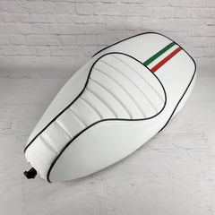 Vespa Sprint / Primavera WHITE Seat Cover Tuck and Roll with Italian Racing Stripe