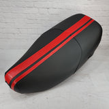 Vespa LX black seat cover with dual racing stripes