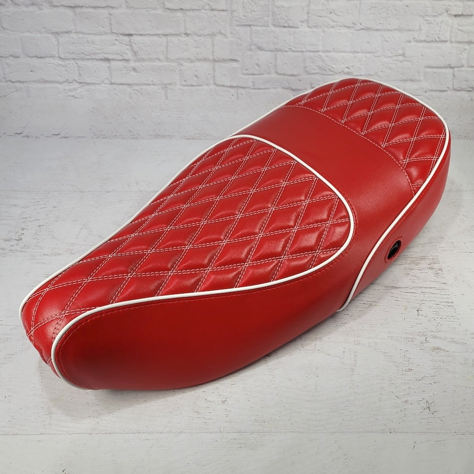 Vespa LX red diamond stitched seat cover by Cheeky Seats