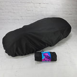 Black honeycomb rain and elements cover for Piaggio Fly and Liberty seats with a blue leaf carry pouch, by Cheeky Seats