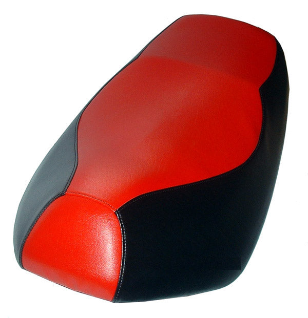 Red and Black Yamaha Zuma 50 seat cover with a vivid red center and front panel framed by smooth black sides, handmade by Cheeky Seats.