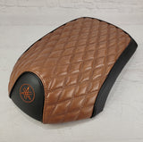 Black and Tan Yamaha C3 seat cover with padded diamond stitching, black panels and an embroidered Yamaha emblem, handmade by Cheeky Seats.