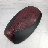 Ruby Garnet Gator Yamaha Vino 125 seat cover with a textured crocodile-style center and smooth black side panels, handmade by Cheeky Seats.