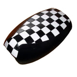 Black-and-white Checkers seat cover tailored for the Yamaha Vino 125, with a bold racing-inspired checkerboard top, handmade by Cheeky Seats.