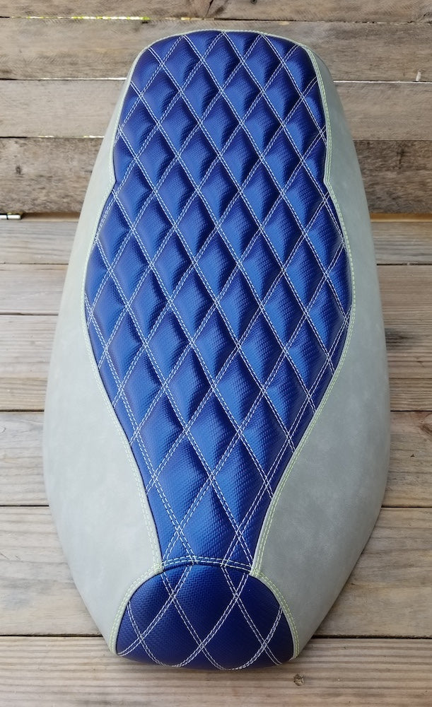 Top view of the Blue and Gray Double Diamond Yamaha Zuma 50 seat cover showing its full quilted center panel, handmade by Cheeky Seats.