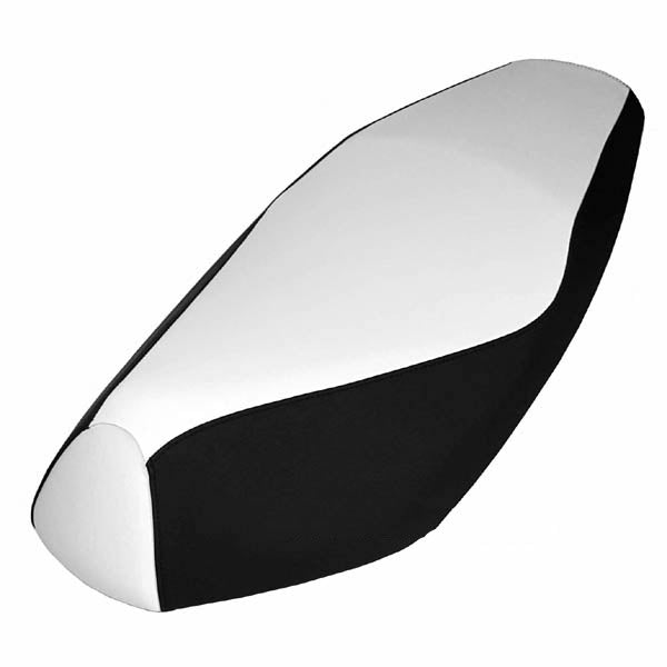 Black and White Yamaha Zuma 50 seat cover with a clean white center and front panel contrasted by black sides, handmade by Cheeky Seats.