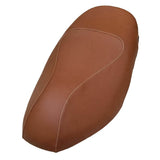 Top view of a cinnamon brown Piaggio Fly seat cover with cream contour stitching, handmade by Cheeky Seats